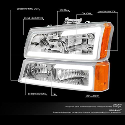 Image of DNA MOTORING HL-LB-CSIL03-CH-AM Chrome Amber 3D LED DRL Headlight Bumper Lamp Set Compatible with 03-06 Silverado 1500-3500 / Avalanche 1500 2500