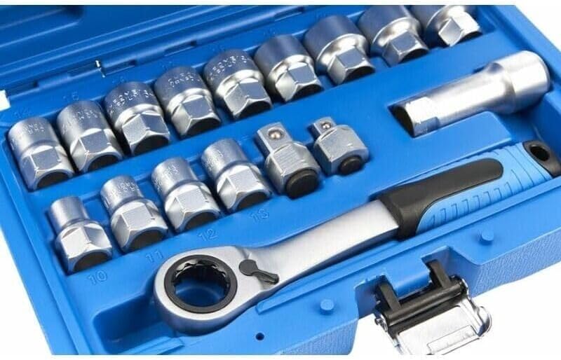 Generico SET 17 PEZZI CHIAVI A BUSSOLA PASSANTI CON PROFILO INTERNO MILLERIGHE DI TIPO XZN 10-24 mm E CHIAVE A CRICCHETTO REVERSIBILE