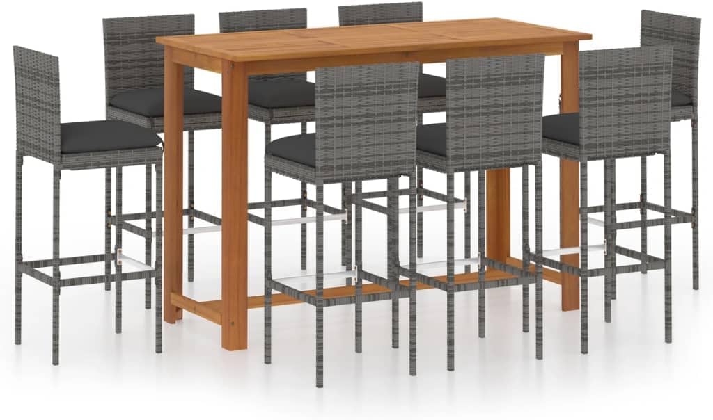 vidaXL Patio Bar Set 9 Piece, Outdoor Bar Table and Stools with Wood Tabletop, Patio Furniture Set with Cushions, Dining Set for Garden, Farmhouse, Gray
