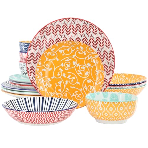 Elama Giovanna 16 Piece Assorted Design Porcelain Multi-Color Graphic Double Bowl Dinnerware Set, Tableware, Serveware, Dinnerware Set, Bowl Set (16 Piece)