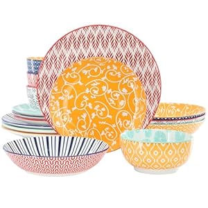 Elama Giovanna 16 Piece Assorted Design Porcelain Multi-Color Graphic Double Bowl Dinnerware Set, Tableware, Serveware, Dinnerware Set, Bowl Set (16 Piece)