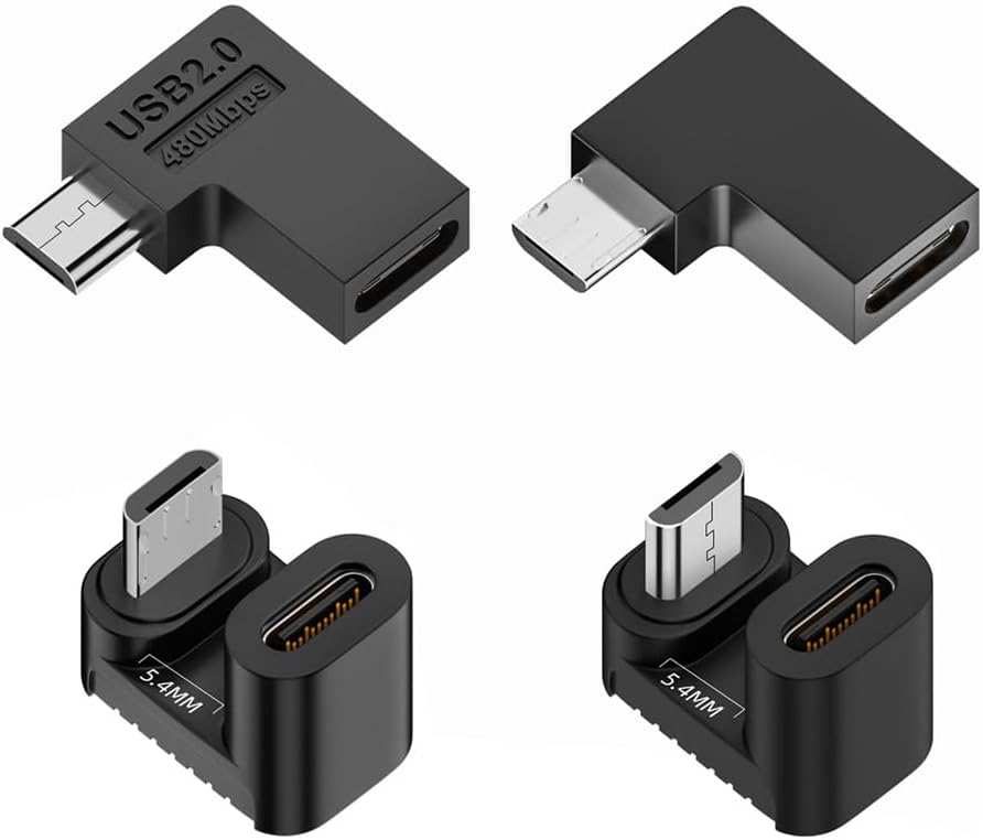 xiwai 90/360 Degree Angled USB-C to Micro USB Adapter 4 Pack, USB2.0 Type C Female to Micro USB Male Power Data Adapter(Right & Left &Up & Down) for Phone Tablet