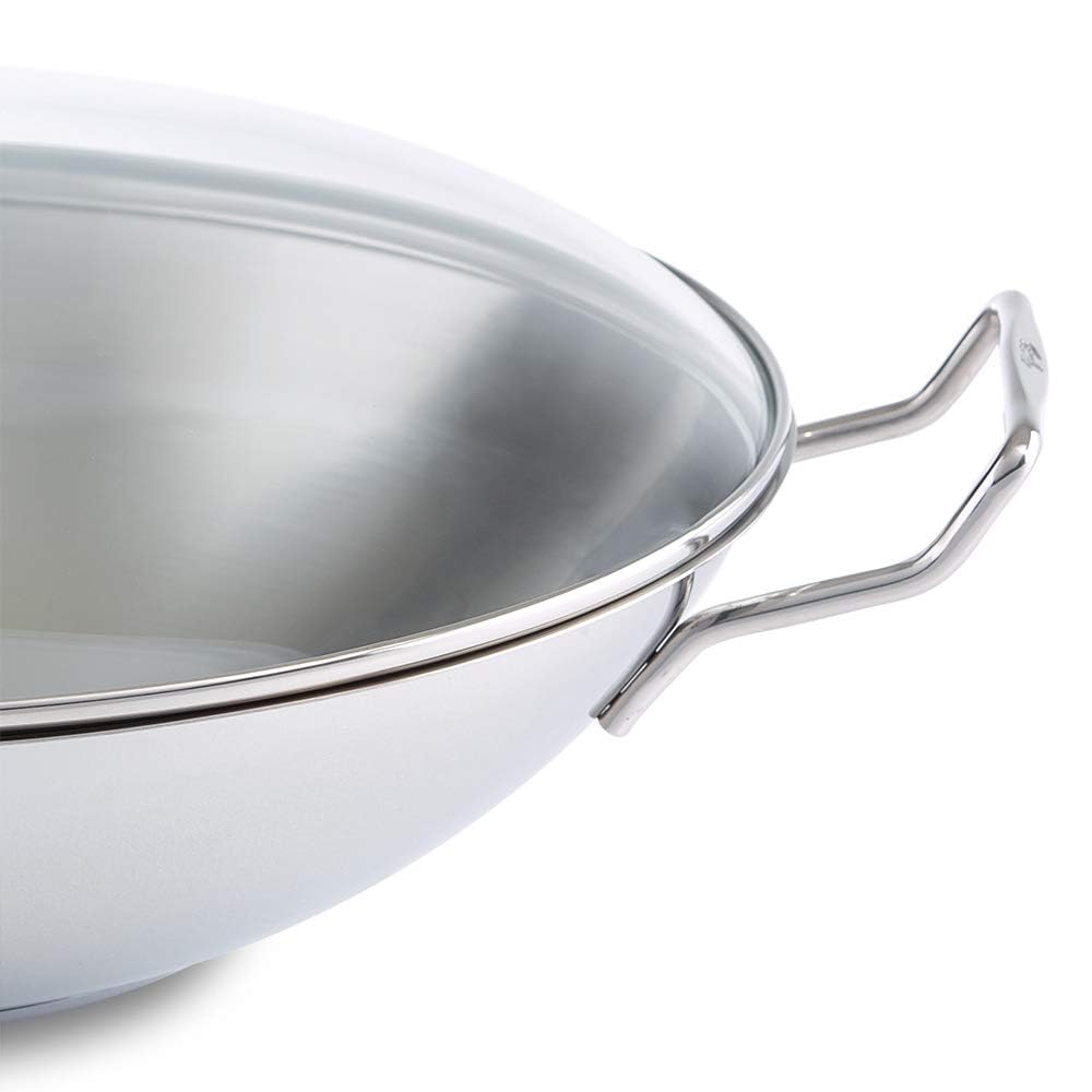 Fissler Kunming Padella wok in acciaio inox 36 cm, grande padella wok senza rivestimento, padella di ispirazione asiatica con coperchio in vetro, incluso inserto vaporiera, anche a induzione