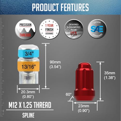 Image of Wheel Accessories Parts 20 Pcs M12x1.25 12x1.25 Thread Car Spline 1.38 inch 35mm Long Lug Nuts Red Spline Hex Fits Most Subaru Pass Cars | Nissan Pass Cars