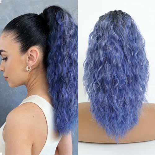 Image of Claw Clip Ponytail Extension 16In Wavy Curly Hair,Ombre Haze Blue