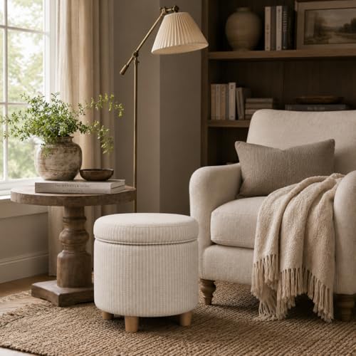 Image of HomePop 19 inch Round Storage Ottoman - White Woven Stripe