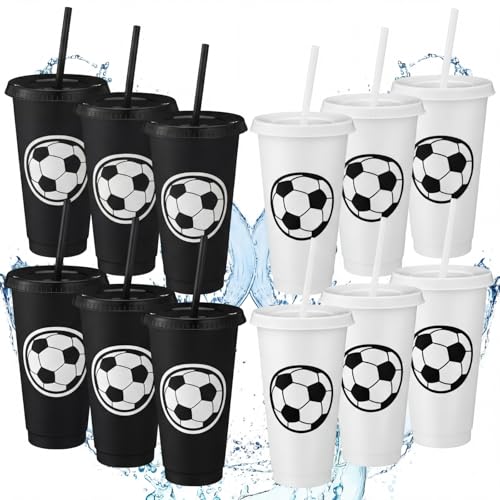 Domensi 12 Pcs Soccer Party Favors Plastic Cups with Lid Straw, Black,White