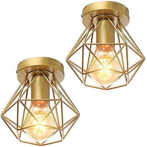 STOEX Plafonnier industrielle cage en métal fer forge, retro suspension luminaire lustre style vintage lampe de plafond, E27 base Ø16cm (Lot de 2 Doré) Cover