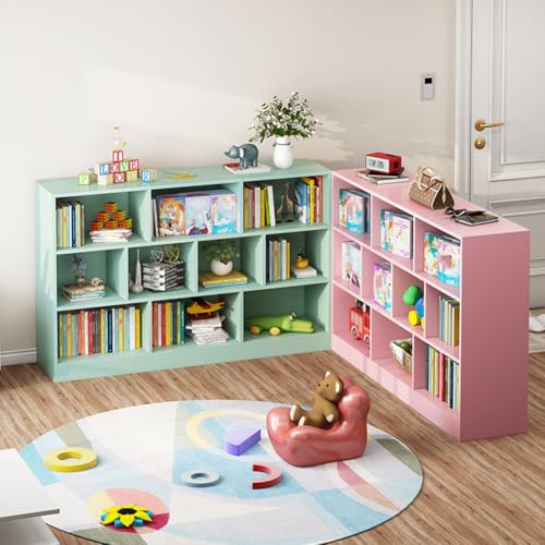 Image of IOTXY Open Shelf Low Bookcase - Wooden 3-Tier Cube Bookshelf, Tiffany-Green