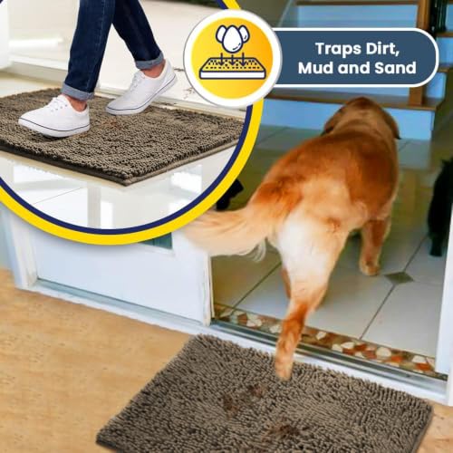 Image of Muddy Mat | Super Water Absorbent Door Mat Indoor, Microfiber Quick Dry Chenille Entryway Rug, Slip Resistant Front Door Mat, Indoor Mats for Entryway, Machine Washable Pet Rug, Taupe 24 inch x 120 inch