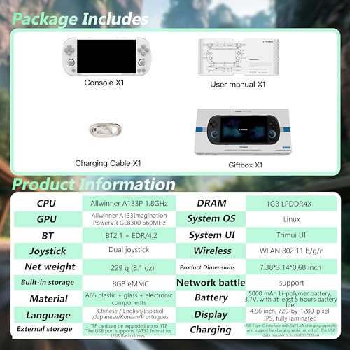 Image of Trimui Smart Pro Handheld Game Console, Retro Hand Held Video Gaming Consoles with 64G /256G TF Card, 5 inch Screen Portable - White 64GB