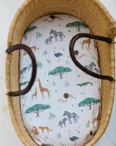 Image of Baby Bassinet Sheets for Boy, Girl (Safari Adventures) 2-Pack - Fitted Bedside Bassinet Sheets - Buttery Soft Cotton Blend for Standard Mattress Pad