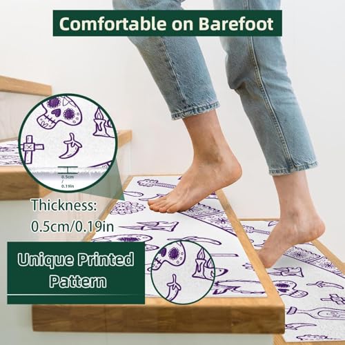 15 alfombrillas para escaleras de madera con estampado de garabatos morados antideslizantes 4