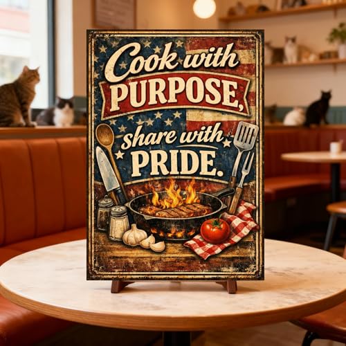 Cook With Purpose Share With Pride Vintage Tin Sign Rustic Kitchen Wall Decor Metal Plaque Patriotic Cooking Art Grill Skillet Utensils Cafe Restaurant 8x12 Inch Pre Drilled Holes — view 3