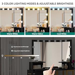 YITAHOME Vanity Desk with Lighted Mirror, Corner Vanity with Power Outlet, 3 Color Modes & Adjustable, Makeup Table Set with 4 Drawer, Stool, Bedroom, Dark Black YITAHOME Vanity Desk with Lighted Mirror Corner Vanity with Power Outlet 3 Color Modes Adjustable Makeup Table Set with 4 Drawer Stool Bedroom Dark Black