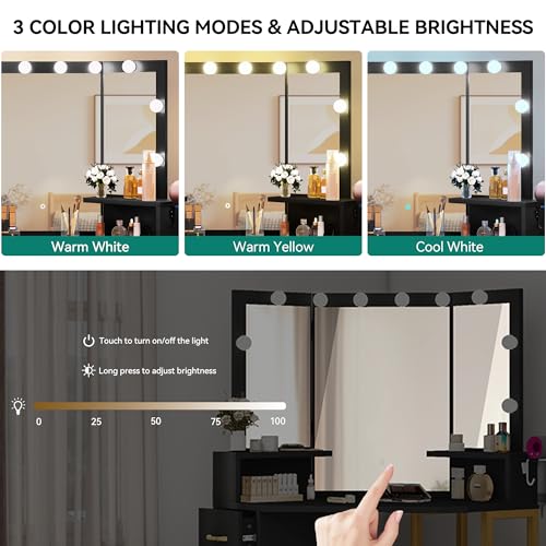 YITAHOME-Vanity-Desk-with-Lighted-Mirror-Corner-Vanity-with-Power-Outlet-3-Color-Modes-Adjustable-Makeup-Table-Set-with-4-Drawer-Stool-Bedroom-Dark-Black YITAHOME Vanity Desk with Lighted Mirror Corner Vanity with Power Outlet 3 Color Modes Adjustable Makeup Table Set with 4 Drawer Stool Bedroom Dark Black