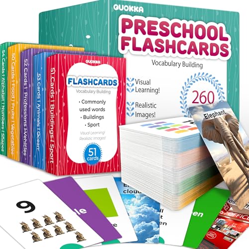 QUOKKA Sight Words Learning Flash Cards 5x52-260 Cards - Nouns Realistic - 16 temas - Writing Practive - Words&Sentences