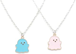 Cute Black White Ghost Pendant Necklace, Lovely Ghost Apparition Specter Enamel Charm Necklace for Women Girls Friendship BFF Couple Memorial Jewelry Valentines Day Halloween Costume