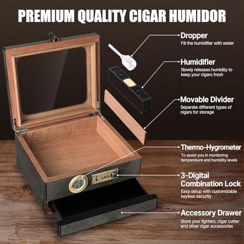 Image of Tesonway Cigar Humidor,Cedar Wood Humidor Cigar Box,Glass Top Desktop Humidor with Digital Thermo-Hygrometer, Humidifier, Divider, Accessories Drawer and Combination Lock,Cigar Gift for Men