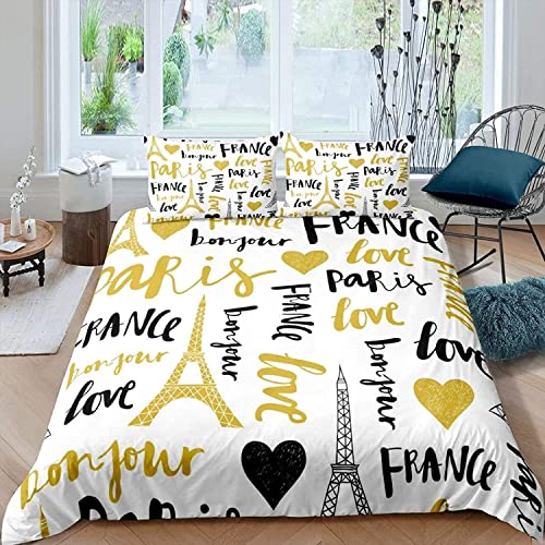 Parure de Lit 220x240 Adulte Tour Eiffel Blanche Housse de Couette 2 Personnes avec Fermeture Éclair Doux Confortable Respirant Microfibre Housse de Couette et 2 Taie d'oreiller 65x65 cm Cover