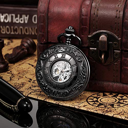 Image of TREEWETO Men's Mechanical Skeleton Pocket Watch for Mens Women Blue Roman Numerals Dial Double Case Pocket Watches