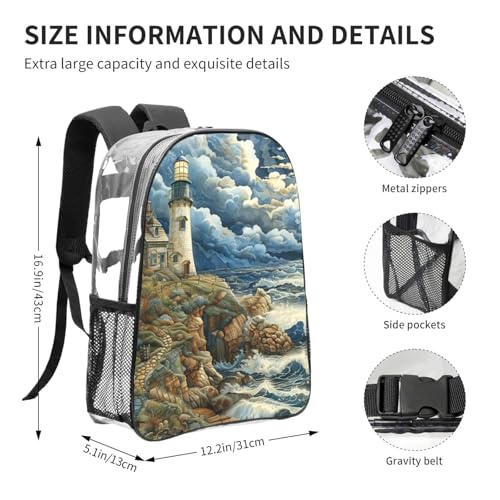 The Seaside Lighthouse Print Transparent Backpack PVC Bag Spacious Compartments Men Women Trip And Daily Use4
