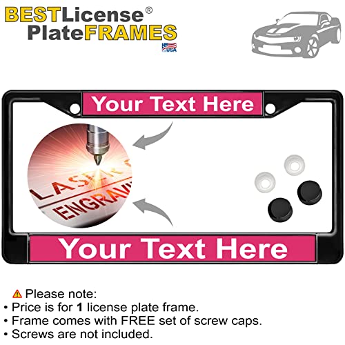 Image of Custom Personalized Black Powder-Coated Metal Laser Engraved Standard Size - Car /Automobile License Plate Frame with Free caps - Pink /White Text (Qty: 1 Frame)