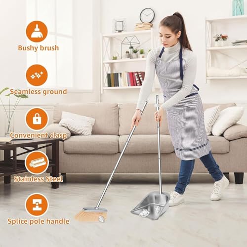 Recogedor industrial metálico inoxidable con mango para escoba de suelo 4