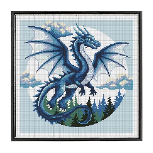 Image of FREEBLOSS 11CT Cross Stitch Kits for Beginner Dragon Stamped Cross Stitch Kit Landscape DIY Embroidery Wall Art Painting Kit with Instructions 17.7 inch x 17.7 inch