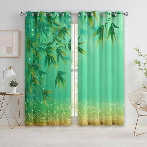 Genérico Verde Cortinas Opacas para Oscurecer la Habitación, 70 x 160 cm (An x Al) Cortinas de Chino Plantas Hojas De Bambú Arte con Ojales - Set de 2 Paños para Decoración de Habitación