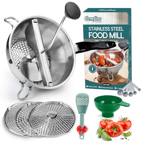 Stainless Steel Food Mill with 3 Milling Discs,Ergonomic Design Rotary Hand Crank Food Mills for Tomato Sauce,Potatoes,Jams,Canning, Dishwasher Safe,Includes Multifunctional Spoon,Blue D