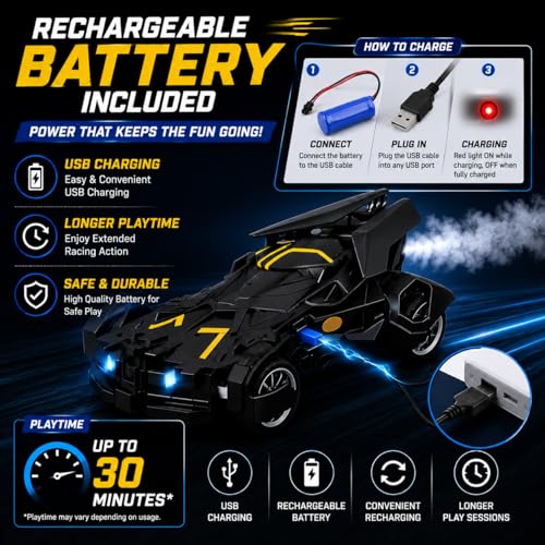 Image of The Flyers Bay Remote Control Car for Kids with Mist Spray Action, Flashing LED Lights, 10ft Control Range, Rechargeable RC Toy Car for Boys & Girls Age 4+ (Batman Smoke Car)