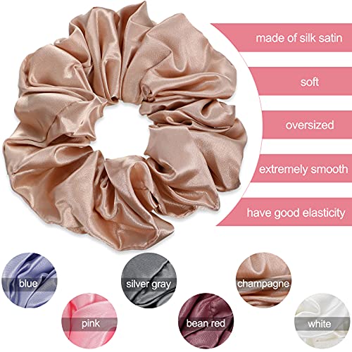 Image of Chuangdi 6 Pieces Big Satin Scrunchies for Women, Jumbo Silk Scrunchies Thick Elastic Jumbo Hair Tie Galentine Valentine's Day Gifts(Champagne, White, Silver Grey, Light Pink, Bean Red, Light Blue)