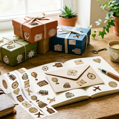 Image of Vintage Travel Sticker Rolls, 1000Pcs Luggage Adventure 2 Rolls