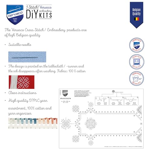 Image of Vervaco Stamped Cross Stitch Table Runner Kit for Christmas Snowflake Aesthetic Holiday Embroidery Set ca. 12 inch x 42 inch DIY Home Decor Art and Craft Supply Creative Gift for Crafters