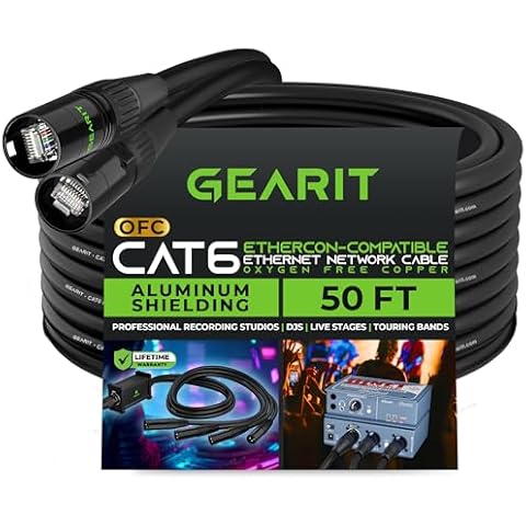 GearIT CAT6 Ethernet Cable, EtherCON-Compatible (50 Feet) RJ45 Connectors for Pro Audio, Aluminum Shielded, Oxygen Free Copper - 50 ft. - Black Cover