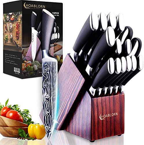 HOABLORN 15-TLG Messer Profi mit Messerblock, Scharfe Kochmesser aus Edelstahl, Küchenmesser Set,Damaskus Messer Sets für Housewarming Hochzeit Geschenk Cover