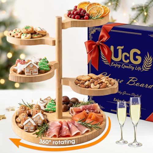 Tiered Charcuterie Board Gift for Women: Bamboo 360° Rotating Round Base with 4 Swivel...