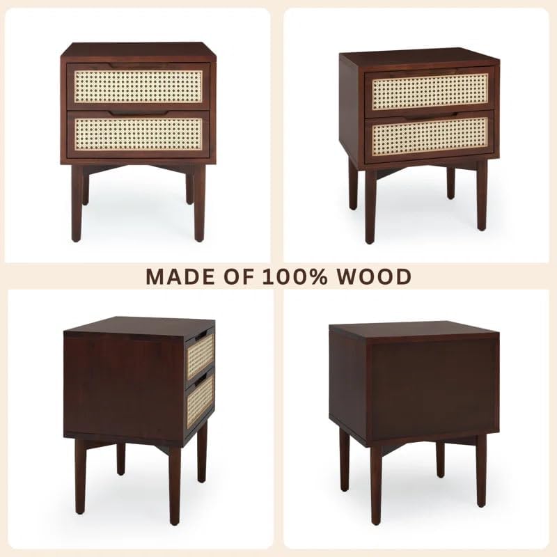 Image of MISAN Boston Solid Wood Bedside Table with Rattan Drawers Mid Century Night Stand for Living Room, Bedroom (Y-Walnut)