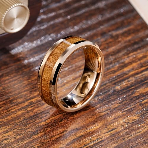 Image of King Will Nature Koa Wood Inlay Tungsten Carbide Wedding Ring 8mm Silver /Black /Gold /Green /Rose Gold /Blue Wedding Band for Men High Polished Anniversary Rings Comfort Fit Size 6-15