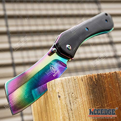 KCCEDGE BEST CUTLERY SOURCE EDC Pocket Knife Camping Accessories Razor Sharp Edge Cleaver Blade Folding Knife for Camping Gear Survival Kit 58649 (Black Rainbow)