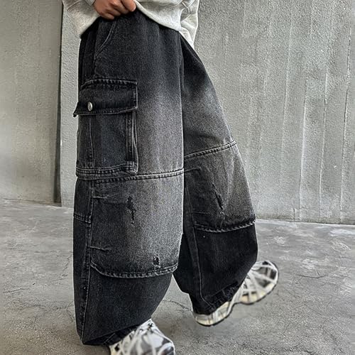 Cargo Pants for Boys Baggy Straight Wide Leg Casual Elastic Waisted Y2k Stretchy Relaxed Fit Denim Pants with Pockets3