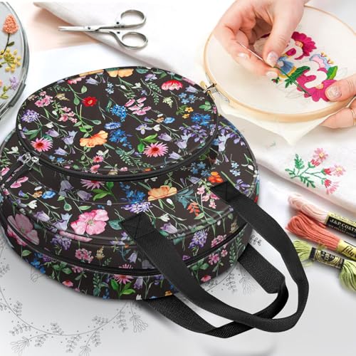 Image of FINPAC Embroidery Project Bag, Embroidery Supplies Storage Carrying Tote Case with Multiple Pockets for Floss, Hoops, Thread, Stitch Tools Kit [Bag Only] (Black Floral)
