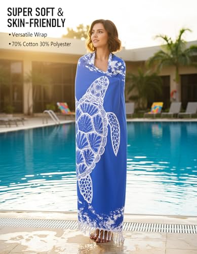 Image of Yongoes Oversized Turkish Beach Towel Blanket Cotton Giant XL Sandproof Towels Huge Linen XXL Extra Large Big Throw Quilt Blankets for Adults Blue Turtle