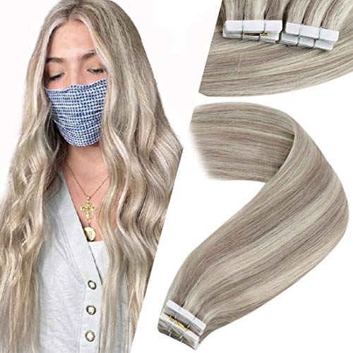 VeSunny Blonde Tape Hair Extensions Highlight Human Hair 16inch 20pcs/50g #20 Dirty Blonde Mixed with #60 Platinum Blonde Silky Straight Tape in Extensions 20pcs 50Gram