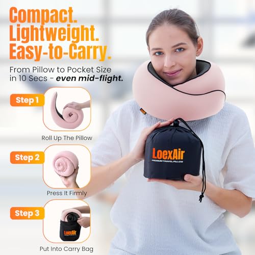 Image of LOEXAIR Travel Pillow, Neck Pillow Travel for Airplane, Car - 100% Cotton Fabric & Memory Foam Plane Pillow, Lightweight & Easy-to-Carry on Flight, Full Travel Set (Eye Mask, Earplugs) - Sakura Pink