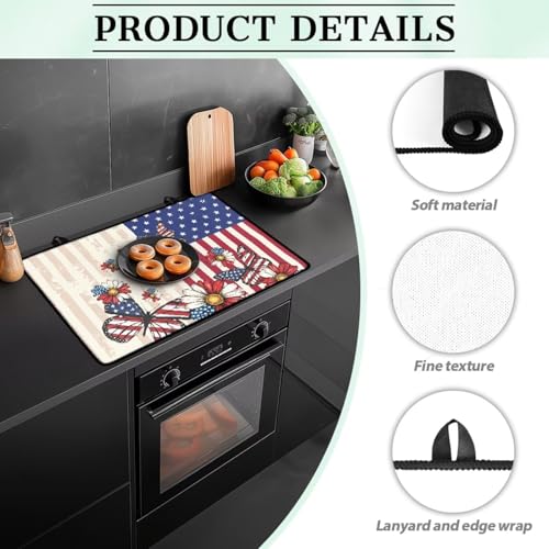 Image of Poceacles 4th of July Patriotic Stove Top Cover Stove Burner Cover Multipurpose Rubber Desk Saver Pad Washer Dryer Top Mat for 250th Independence Day Decor, American Flag Butterfly