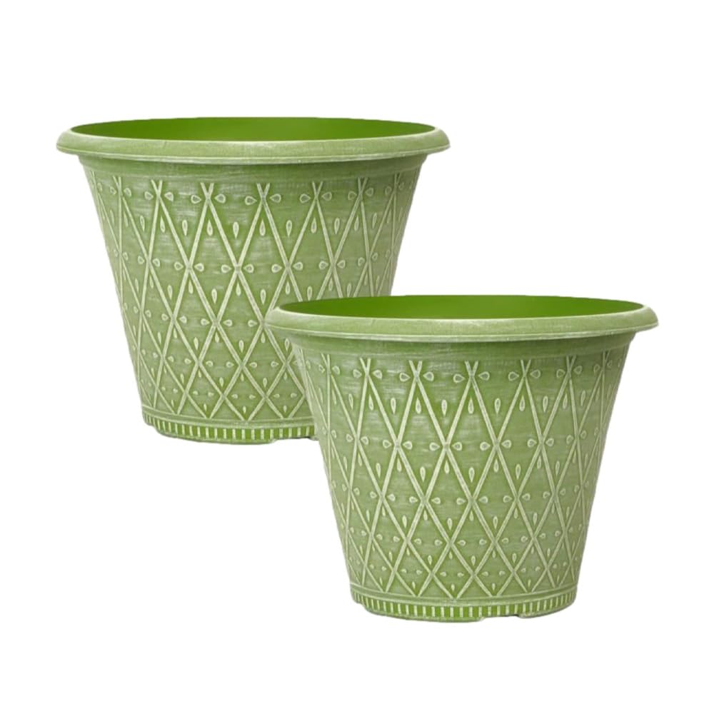 Shopior 30Cm - Green Plastic Prisma Planters Round | Festive Garden Planting Pot 9L – Round Garden Plant Pots With Drainage Holes | Weatherproof Decorative Patio Flower Pot (Powdered Moss Green - 30Cm, 2Pack)