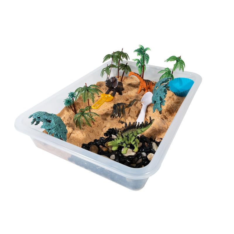 Sensory Bins Jurassic Jungle Dinasour Sensory Safari Toy for Kids | 4 Unique Dinasours | Blisful Taste Safe Kinectic Dirt | Assorted Stones | 10 Assorted Trees for Kid 1