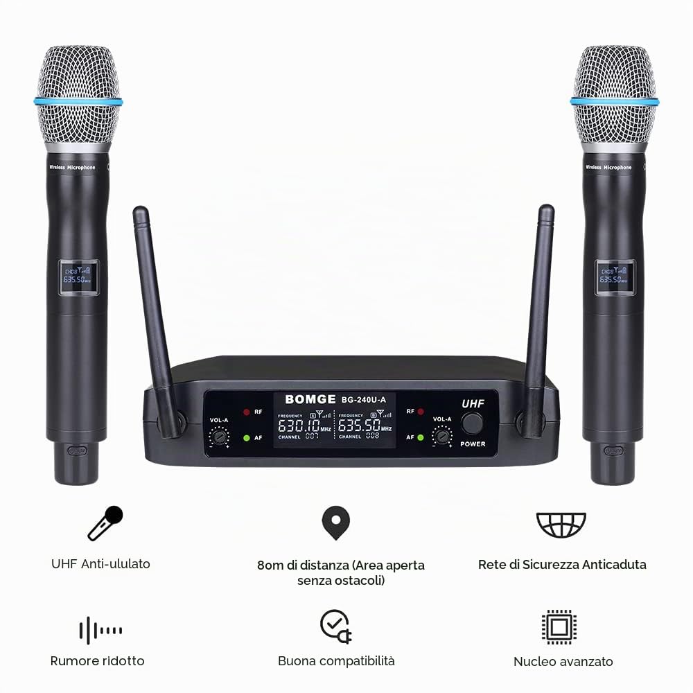 BOMGE Uhf - Microfoni e sistemi wireless in metallo per karaoke, canto, riunioni, feste, chiesa, DJ, matrimoni, (240U)